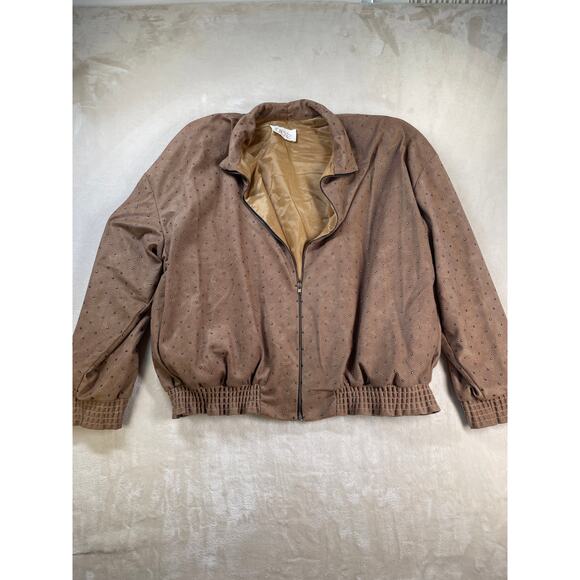 Vintage Caramel Studded Set Satin Lined Bomber Jacket Stretch Pant Suit M - Picture 2 of 16